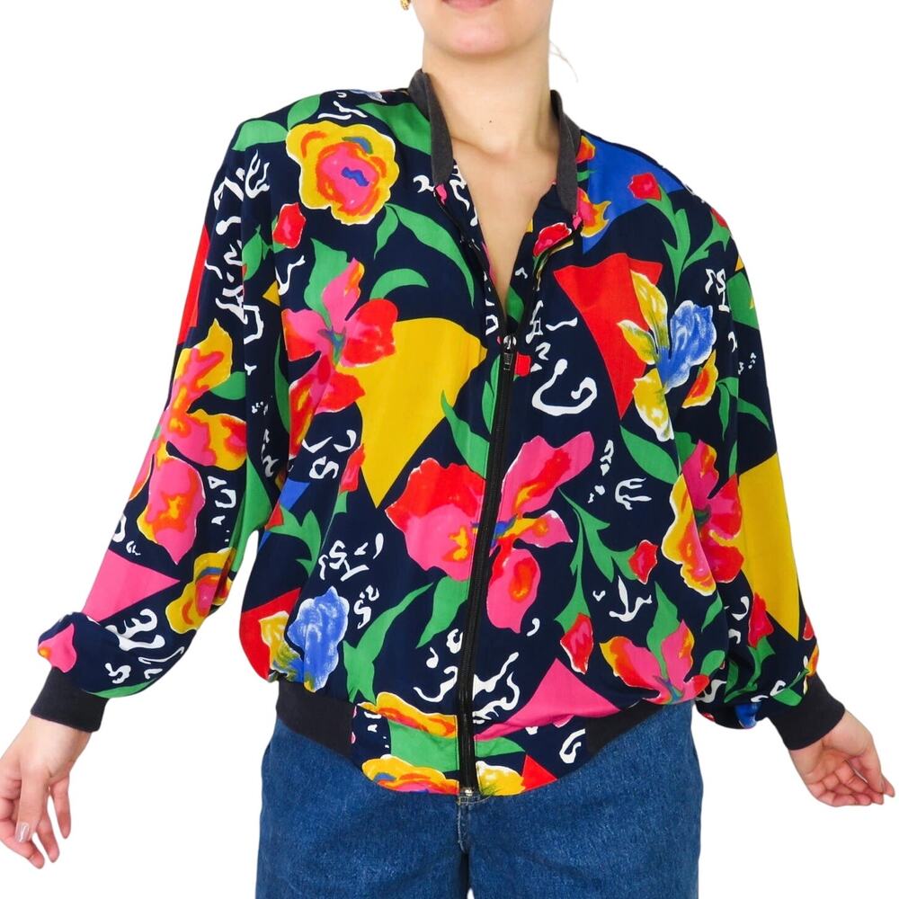 All Seasons 80s Vintage Vibrant Colorful Floral Art Deco Retro Jacket Small